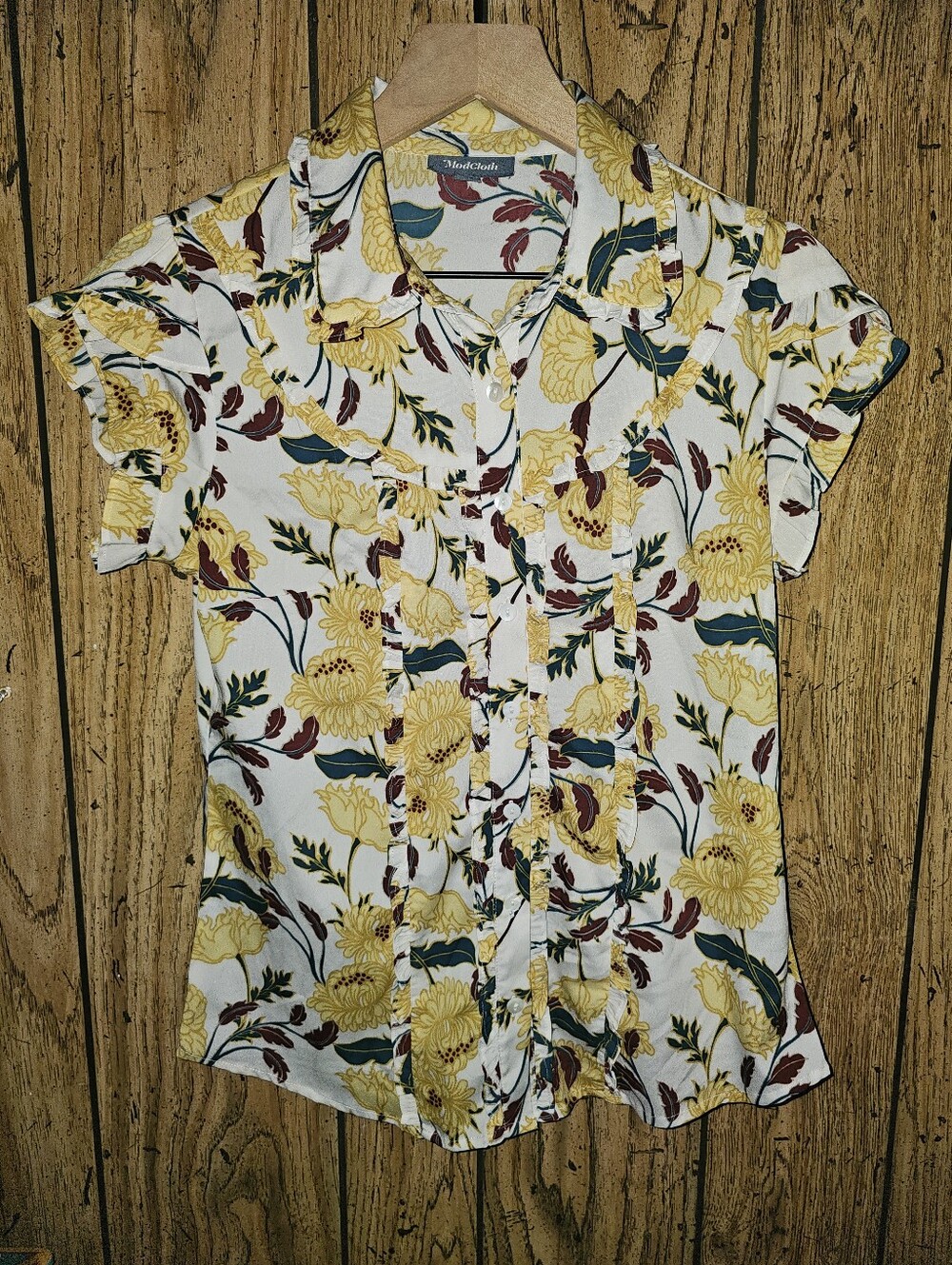 MODCLOTH Floral Ruffle Hem Cap Sleeve Collared Button Down - XS - Picture 2 of 7
